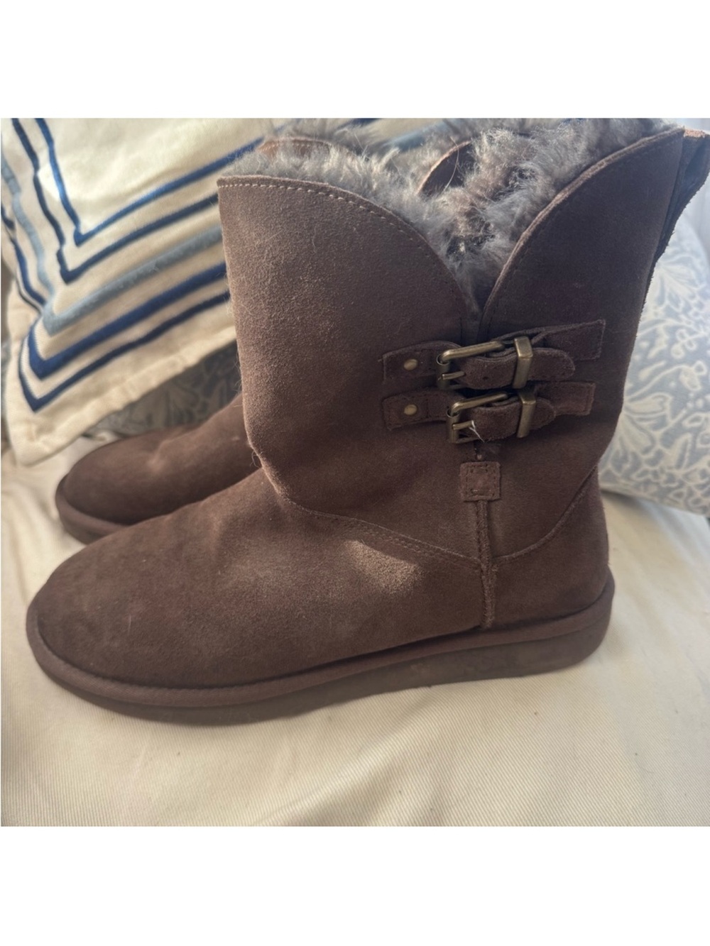 UGG Chocolate Brown Suede Shearling Boot with Buckle Detail